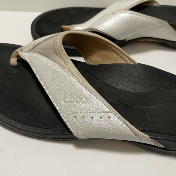 Abeo Womens Leather Orthotic Thong Sandals Size 10 Black & White - Picture 4 of 8